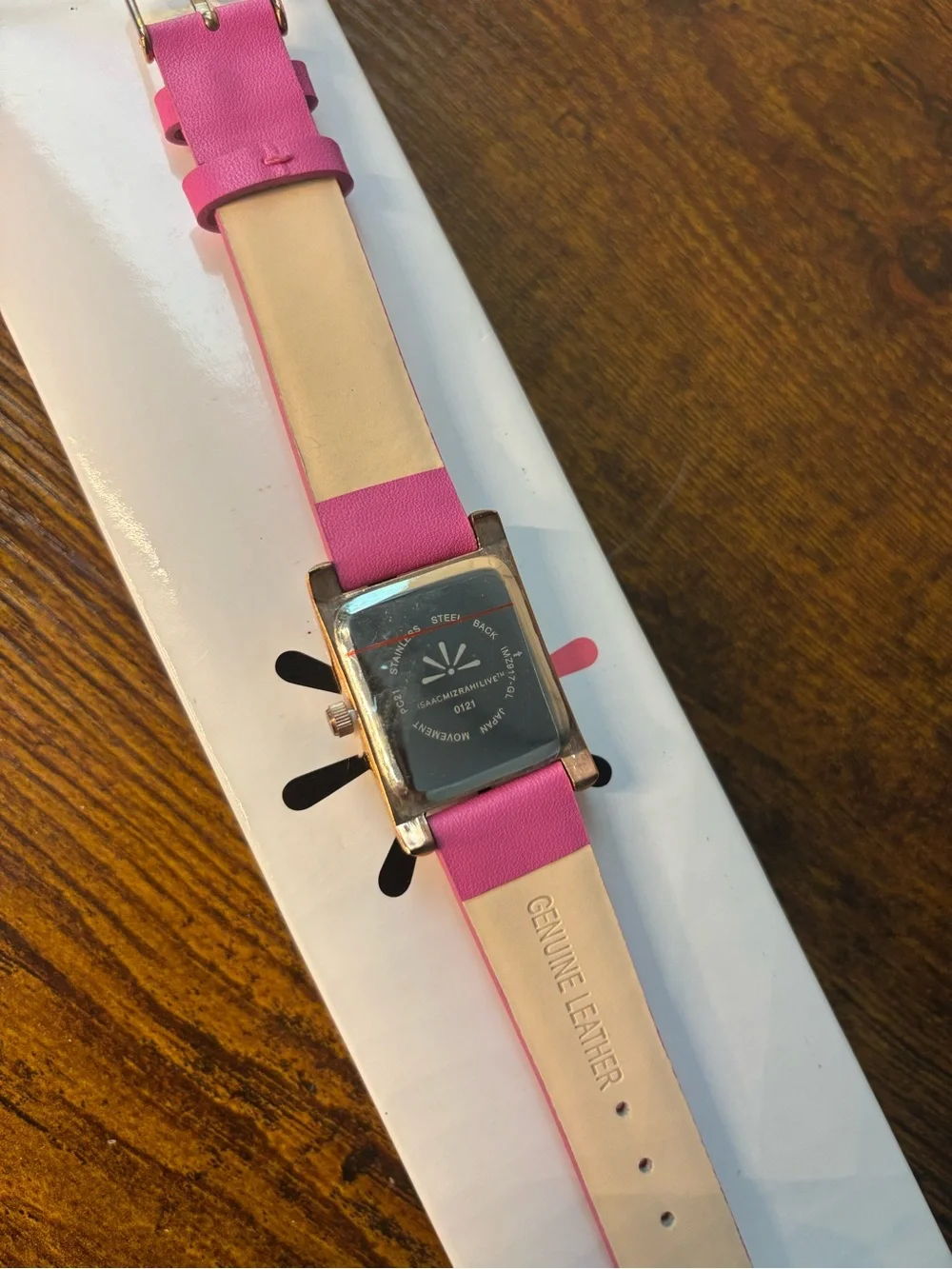 Isaac Mizrahi Hot Pink Leather Strap Watch with Square Gold Case